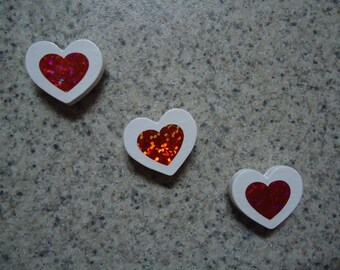 Set of 3 Mini Red  Holographic Hearts on Mini White Wood Heart Magnets - Kitchen Decor