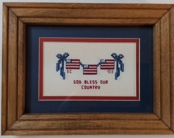 God Bless Our Country - Inspirational Framed Cross Stitch Picture- Patriotic Wall Decor