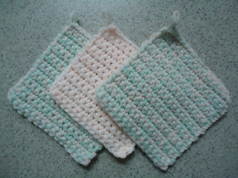 Kitchen Decor Set of 3 Mint Green and Pale Peach Hand Crocheted Potholders