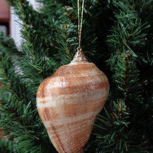May include: A brown and white seashell Christmas ornament with glitter, hanging on a green artificial Christmas tree.