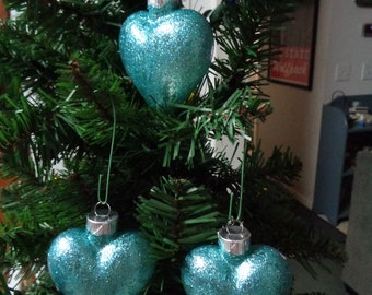 Set of 3 Large Teal Glass Heart Christmas Tree Ornaments