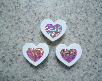 Set of 3Mini  Pink Holographic Hearts on Mini White Wood Heart Magnets - Kitchen Decor