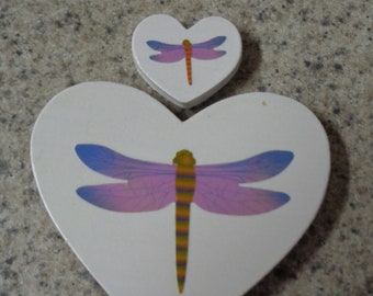 Set of 2 Holographic Dragonflies on White Wood Heart Magnets - Home Interior - Kitchen Decor