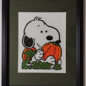 May include: A framed cross-stitch of Snoopy holding a pumpkin. The background is green and the pumpkin is orange.