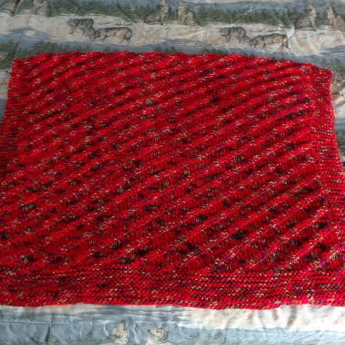 Cherry Red and Perennial Hand Knitted Diagonal Stripe Afghan, Blanket, Throw - Home Decor shops