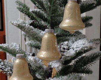 Set of 3 Yellow Gold Glass Bells Christmas Tree Ornaments