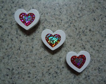 Set of 3 Mini Red and Silver  Holographic Hearts on Mini White Wood Heart Magnets - Kitchen Decor