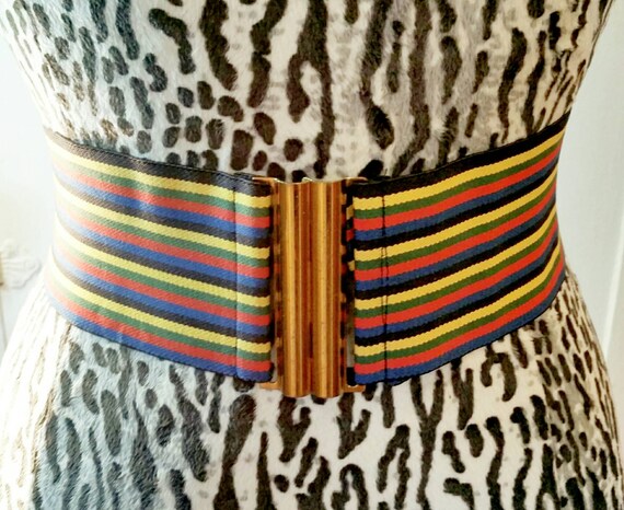 Vintage Multi Rainbow Stripe Stretch Belt, S, 1940