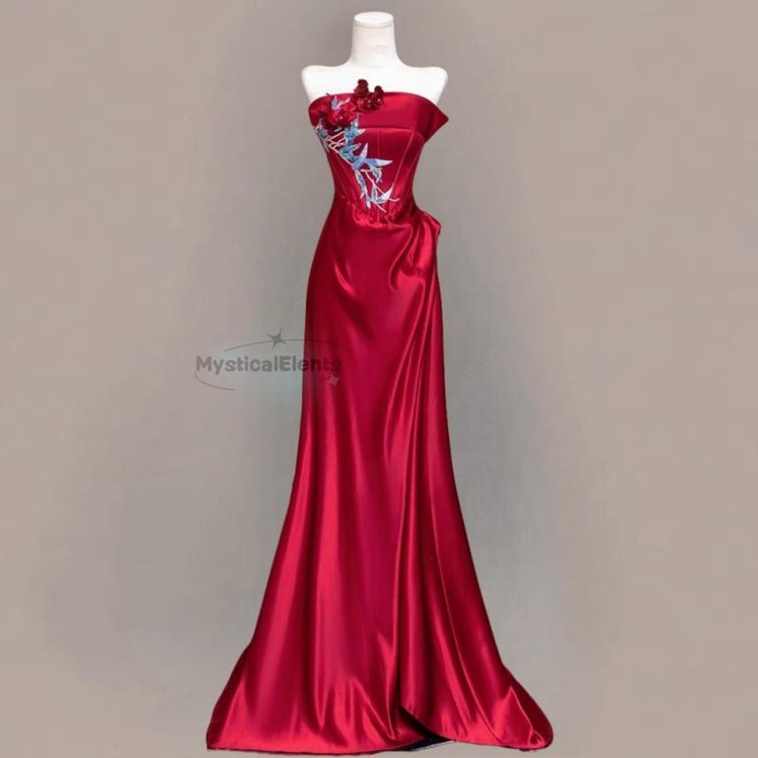 Red Strapless Ruched Floral Satin Long Prom Dresses VK26011505