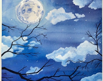 Acuarela y Gouache 12" x 16" Pintura de la Luna -Características Lapis Lazuli