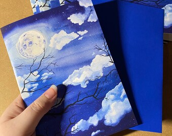 Tarjeta de felicitación sobre la Luna , en blanco, 5" x 7" con sobre azul