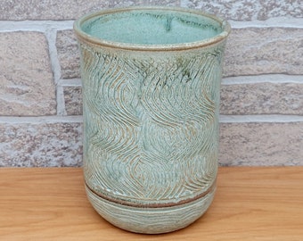 Vase - Handmade Stoneware Green with Earthy Brown/Black highlights -  Vase or Utensil holder (V-3)