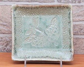 Dragonfly and Flower Tray - Footed - Green Ceramic Dish, Handmade Stoneware (T-12)
