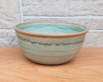 Serving Bowl (7.25 inches diameter) - Green with an with an earthy brown accent on lip -Handmade Stoneware Pottery (B-40)