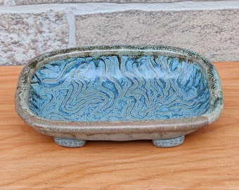 Small Tray - Footed - Slate Blue with Brown accents , Handmade Stoneware Tray (T-16)