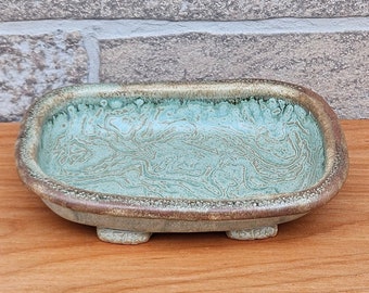 Small Tray - Footed - Green with Brown accents , Handmade Stoneware Tray (T-17)