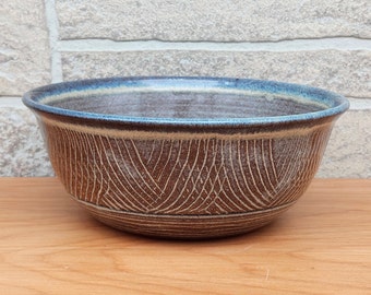 Wide Serving Bowl with Textural Accents (7.5 inches diameter) - Hobbit Hazel with brown/blue highlights - Handmade Stoneware Pottery  (B-34)