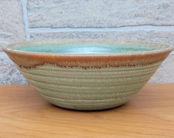 Flared Serving Bowl (9 inches diameter) - Variagated green with Brown Highlights- Handmade Stoneware Pottery (B-26)