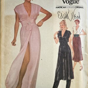 May include: A vintage Vogue sewing pattern featuring a woman in a light pink dress with a high slit and a jeweled belt. The pattern includes illustrations of other dress designs. The text "Very Easy Vogue" and "Edith Head" are visible.
