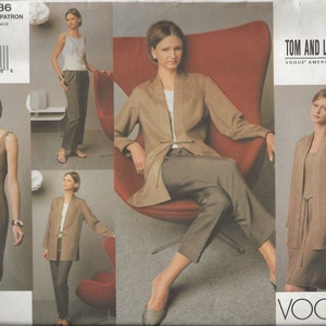 May include: A sewing pattern for a dress and jacket. The pattern is from Vogue Patterns and designed by Tom and Linda Platt. The pattern is for sizes 6, 8, and 10.