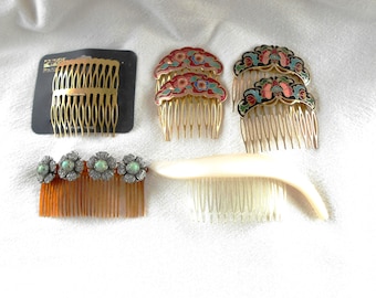 Vintage Hair Combs Lot of 5 sets Cloisonne, Lucite, Metal, Flower beaded