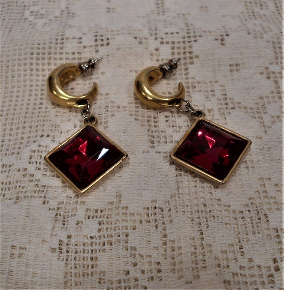 Ruby Red Dangle Earrings Pierced 1990s - image 3