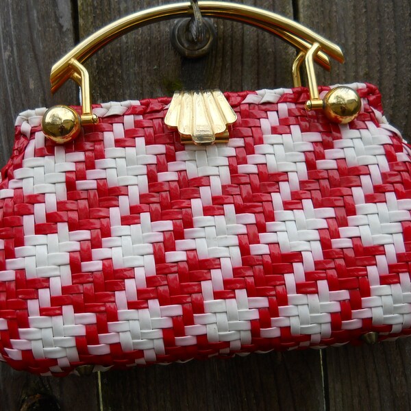 Vintage Woven Plastic Purse 1960s Red White Pink