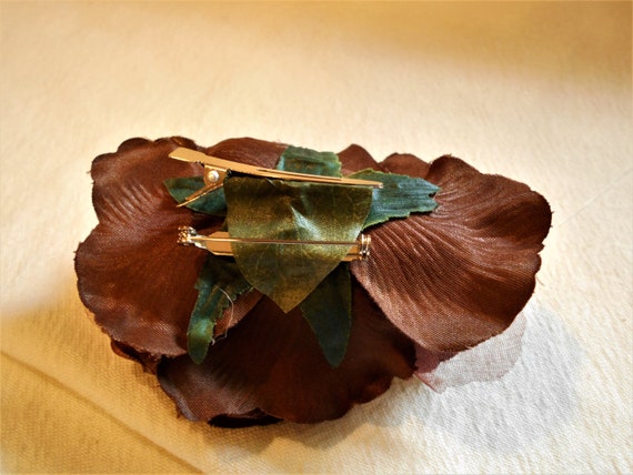Brown Fabric Rose Flower Pin Brooch Hairclip - image 4