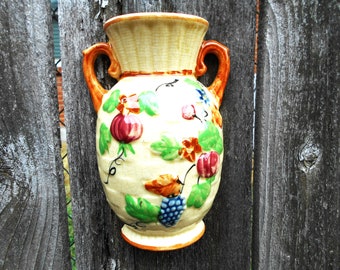 Vintage Wall Pocket Vase Urn with Fruit Japanese K mark