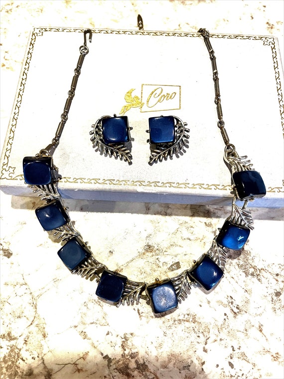 Vintage Coro Necklace Earring set with box Blue Lu
