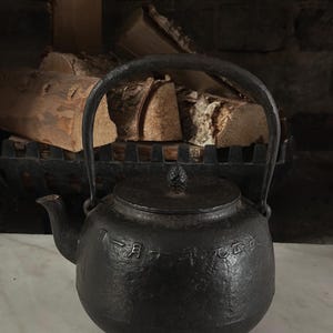 May include: A black cast iron teapot with a handle and a lid. The teapot has Japanese characters inscribed on the side.