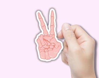 Pastel Pink Skeleton Hand Peace Sign Sticker – Waterproof Vinyl Decal