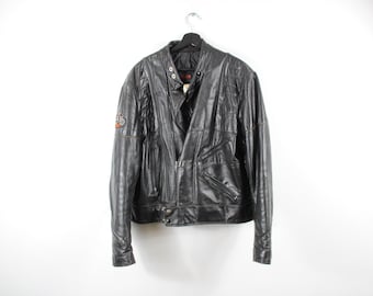 Black Leather Motorcycle Jacket | Vintage Distressed Cafe Racer Classic Biker Style | Men's | 1980s Real Leather