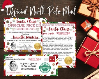 Paquete de cartas editables para Papá Noel, certificado de lista de buenos deseos y sobre navideño (imprimible)