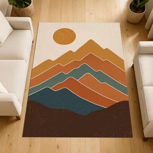 Retro Mountain Rug, Abstract Boho Rug, Mid Century Modern Carpet, Sunset Landscape Rug, Rustic Cabin Decor Rug