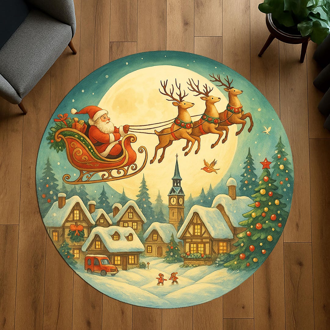 Merry Christmas Round Rug, Santa Sleigh Round Rug, Reindeer Moonlit Sky ...