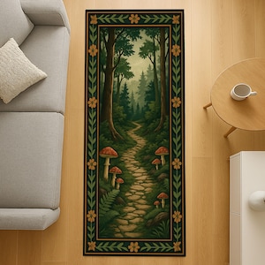 May include: A rectangular rug featuring a forest scene with a stone path, trees, and red-capped mushrooms. The rug has a dark green border with floral and leaf accents. The design evokes a whimsical, natural theme.