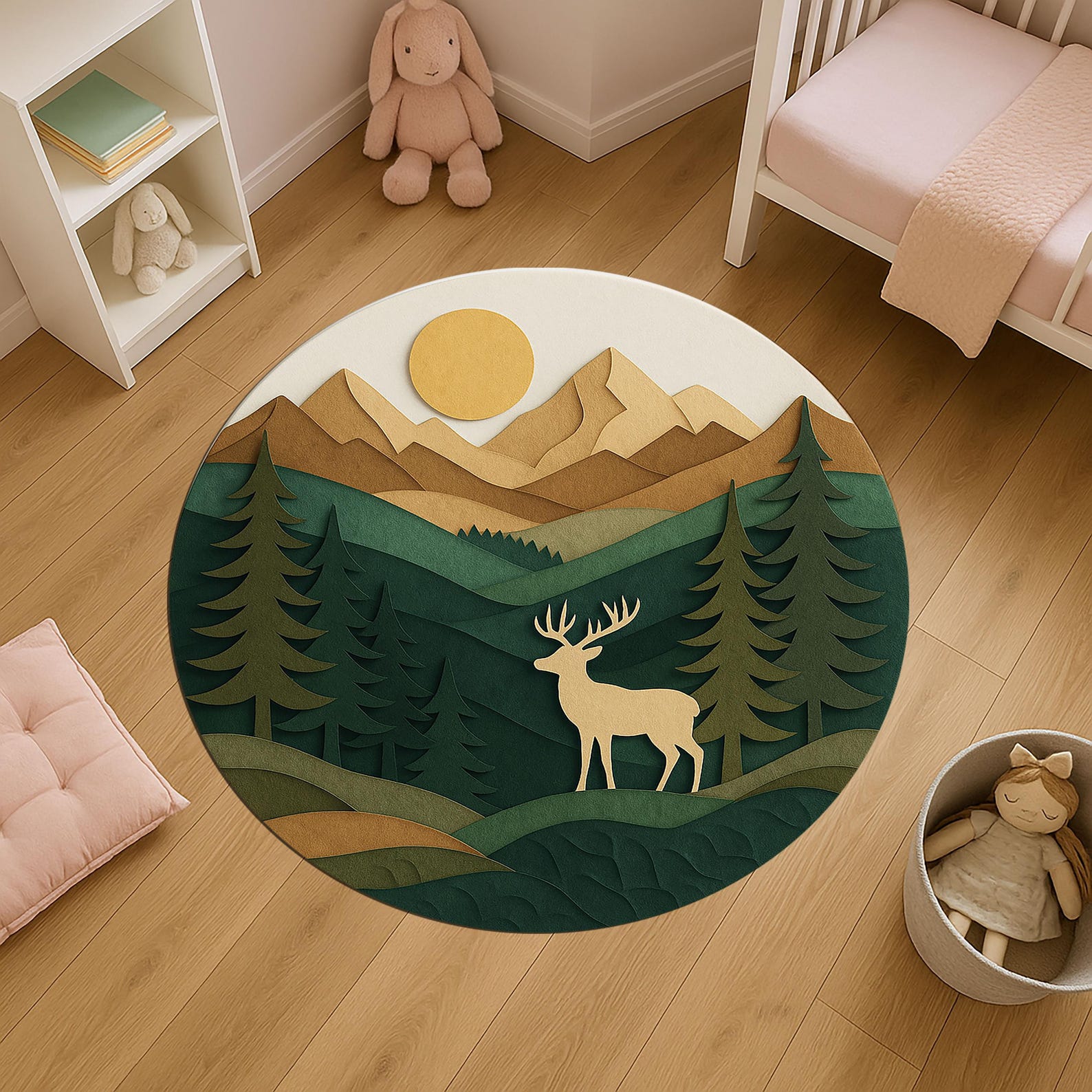 Rustic Round Rug, Mountain Deer Cabin Decor, Woodland Forest Area ...
