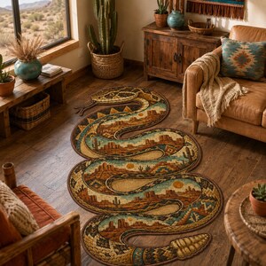 May include: A snake-shaped area rug featuring a desert landscape print with cacti, mesas, and a sun. The rug has a detailed scale pattern along the edges, a forked tongue at the head, and a rattle at the tail, rendered in shades of brown and tan.