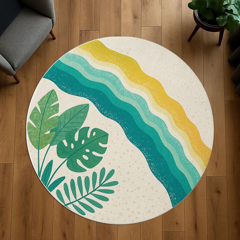 Beachy Round Rug Tropical Round Rug, Beach Theme Area Carpet, Jungle Leaf Circle Mat ...
