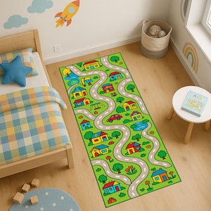 Kids City Road Runner Rug, Car Track Play Mat, Traffic Street Map Rug, Educational Toddler Playroom Rug, Washable Non-Slip Kids Rug