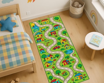 キッズシティロードランナーラグ、カートラックプレイマット、交通ストリートマップラグ、幼児用教育プレイルームラグ、洗える滑り止めキッズラグ