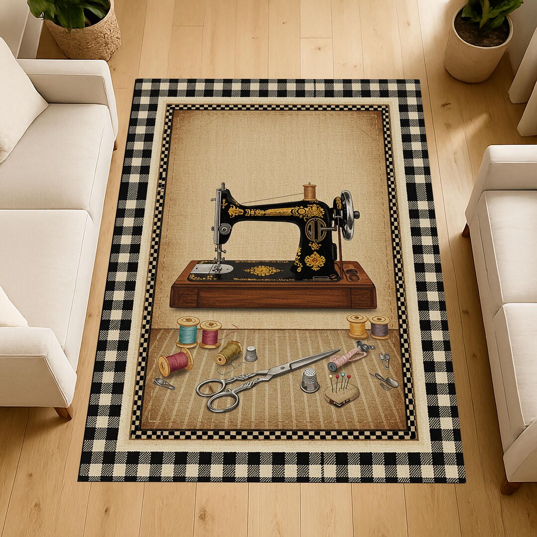 Sewing Machine Rug Pattern Vintage Sewing Machine Rug, Tailor Decor, Handmade Maker Space Rug - Etsy