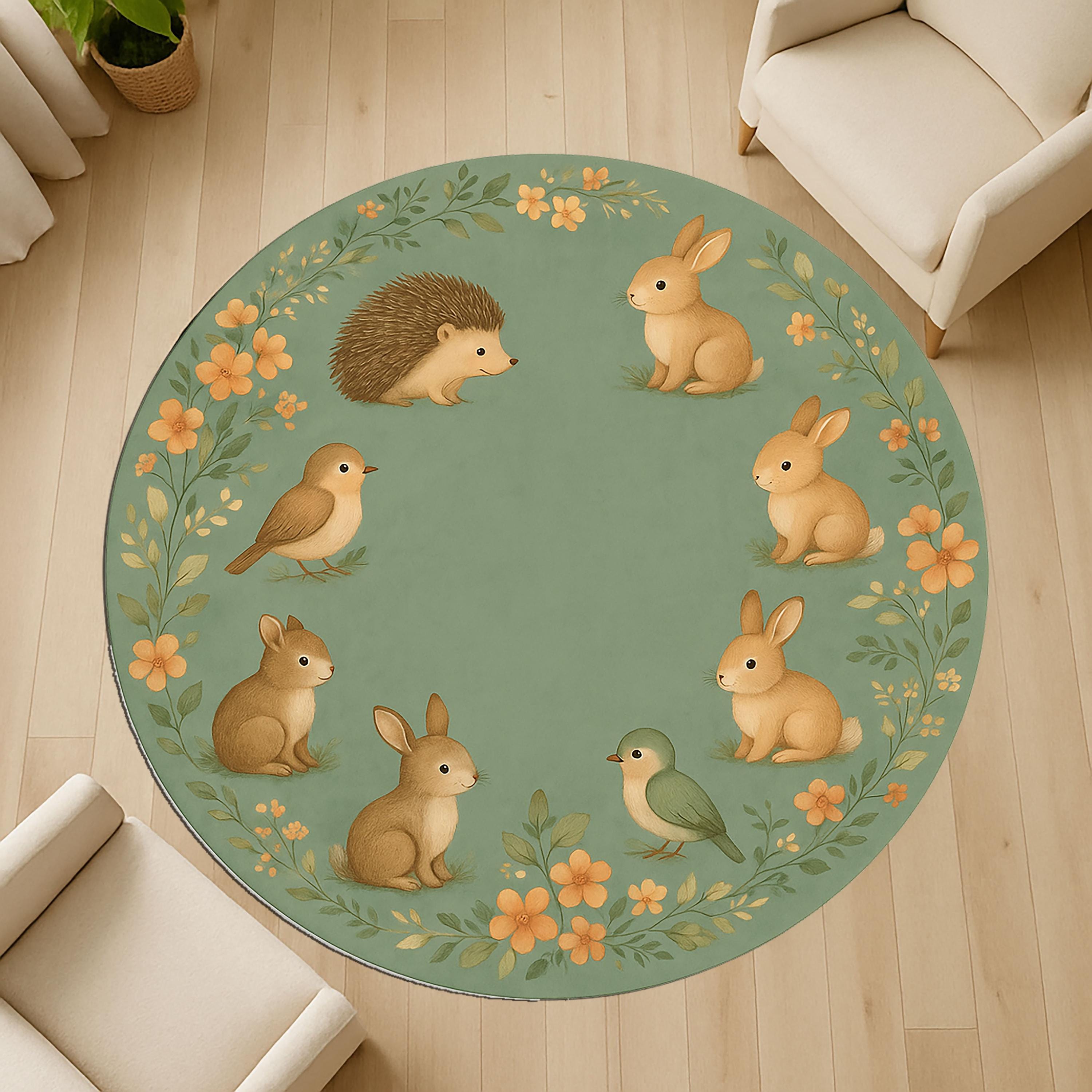 Hedgehog Rug Woodland Nursery Round Rug, Bunny, Hedgehog, Bird Print - Etsy