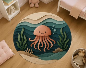 Jellyfish Round Rug, Ocean Kids Carpet, Under the Sea Playroom Rug, Nautical Nursery Decor, Sea Life Animal Rug for Children