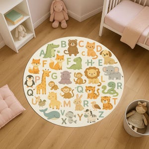 Alphabet rund Teppich, Tier ABC Kinder Teppich, pädagogisch wertvolle Spielmatte, Babyzimmer Dekor, Lernteppich für Kleinkinder
