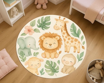 Safari Jungle Round Rug, Cute Animal Carpet with Lion, Elephant, Giraffe, Kids Nursery Play Mat, Baby Room Soft Floor Decor