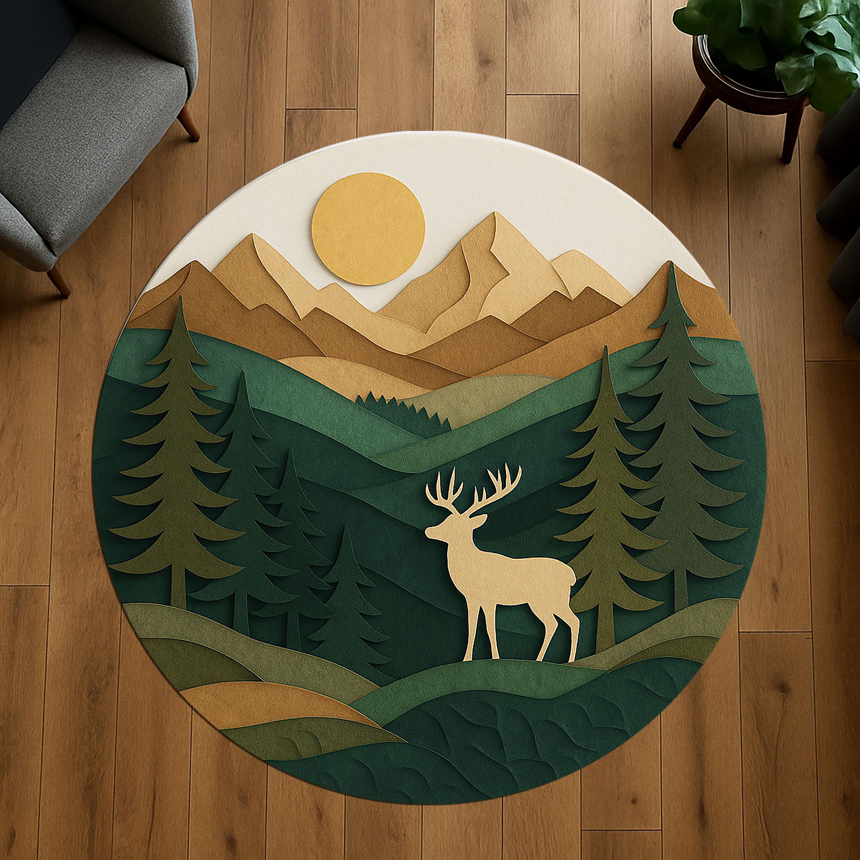 Rustic Round Rug, Mountain Deer Cabin Decor, Woodland Forest Area ...