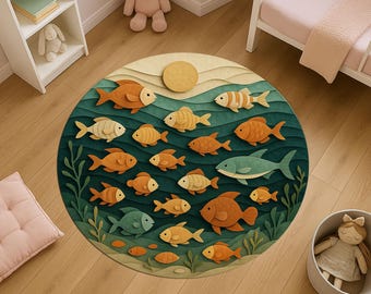 Fish School Round Rug, Ocean Animal Kids Carpet, Under the Sea Playroom Rug, Nautical Nursery Decor, Sea Life Carpet for Children