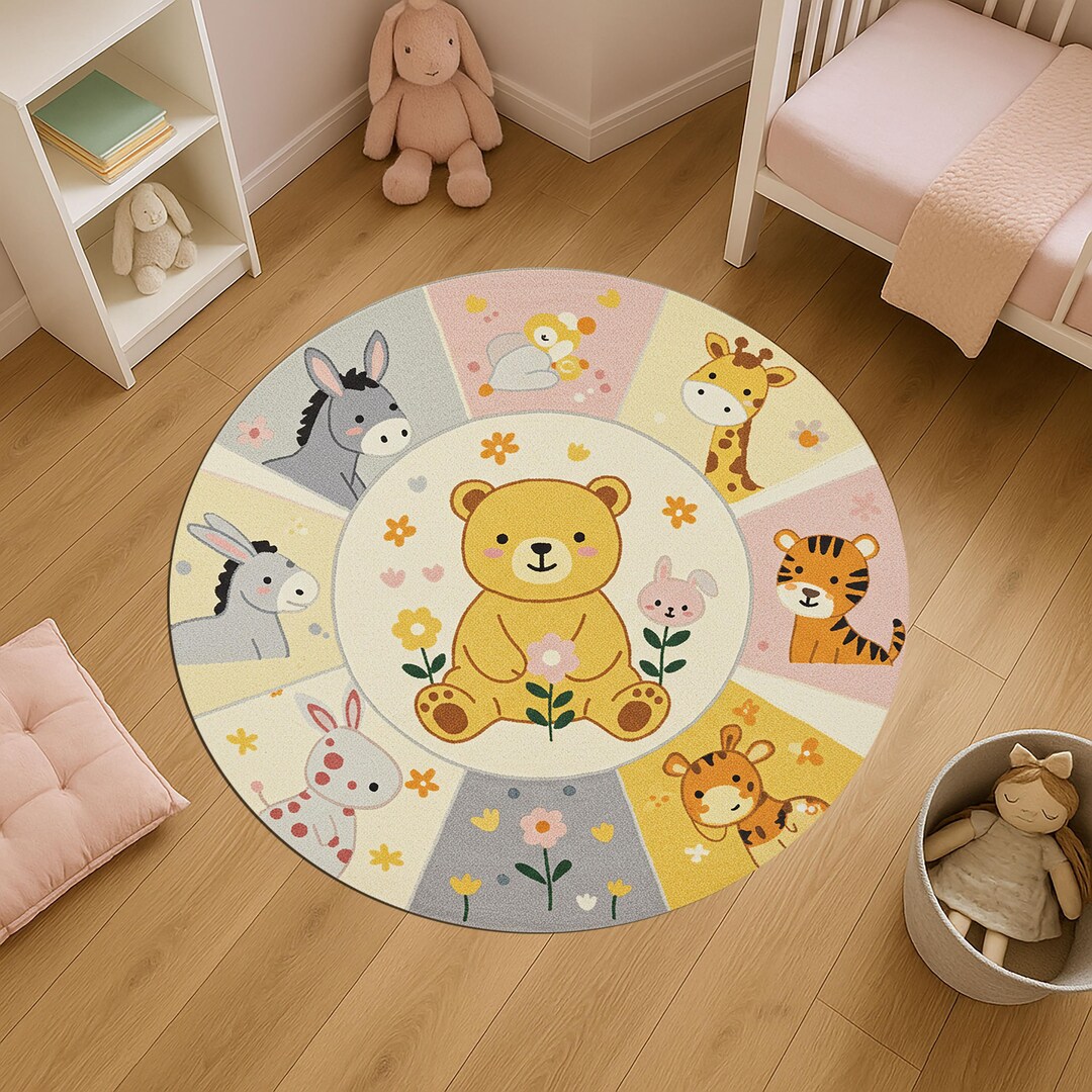 Kids Animal Round Rug, Cute Bear Round Rug, Nursery Playroom Round Rug ...